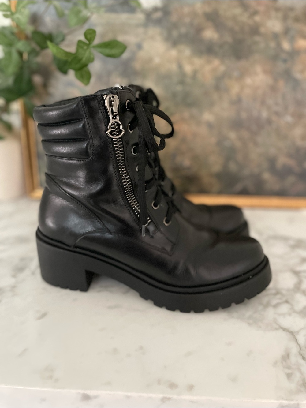 Moncler Viviane Leather Combat Boots Made in Italy Black Chunky Moto Size 40 - Picture 5 of 13